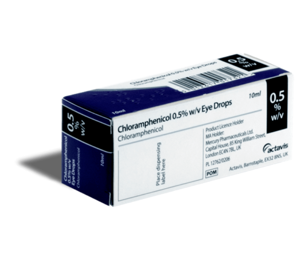 Chlooramfenicol oogdruppels achterkant verpakking